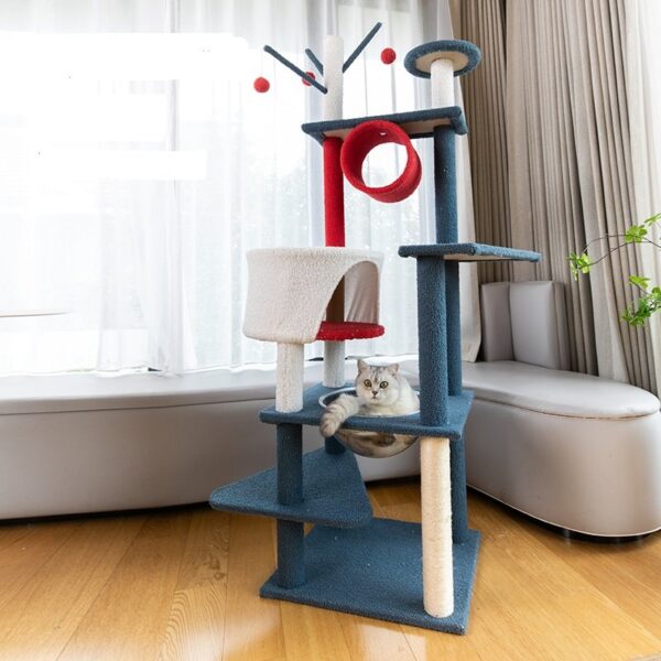 Multi- Level Play Tunnel Cat Condo Cat Tree Towel with Platform & Hammock - JHMPJMR13 - Image 4