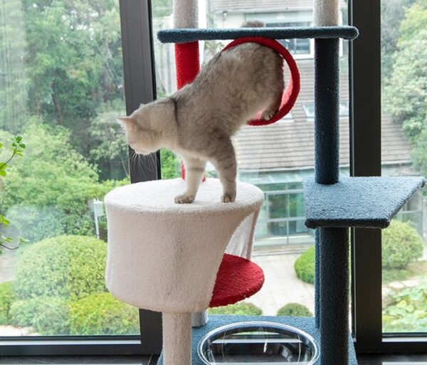 Multi- Level Play Tunnel Cat Condo Cat Tree Towel with Platform & Hammock - JHMPJMR13 - Image 5