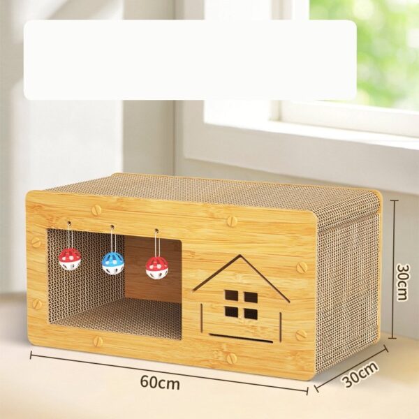 Cat Wooden House Scratcher Cardboard with Bell - JHMZB026 - Image 2
