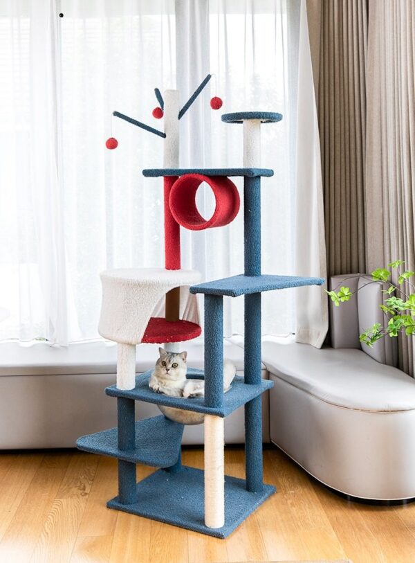 Multi- Level Play Tunnel Cat Condo Cat Tree Towel with Platform & Hammock - JHMPJMR13 - Image 2